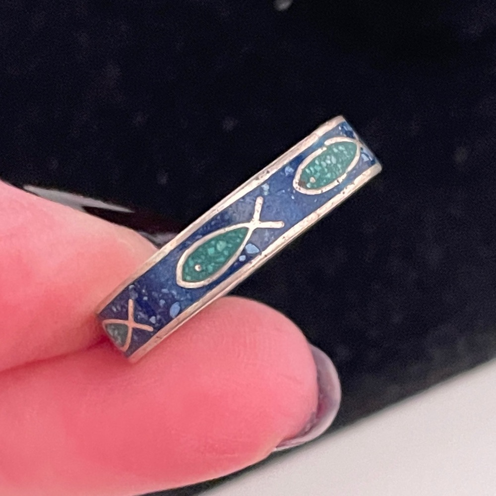 Vintage Jesus Fish Enamel Silver Tone Mermaid Core Summer Beach Religious Ring
